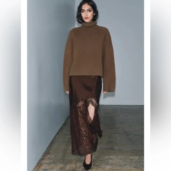 ZARA SATIN EFFECT LACE SKIRT ZW COLLECTION BROWN SMALL - Picture 3 of 11